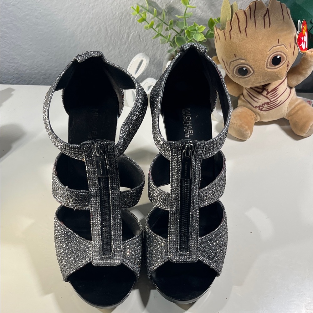 Michael Kors Silver Crystal T-Strap Heeled Sandals